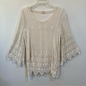 Reba Crochet Lace Lined Tunic Top Sz M Womens Cream Cotton Bell Sleeves